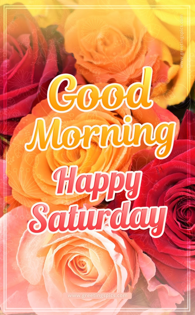 Good Morning Saturday image with beautiful colorful roses (tall rectangle shape picture)