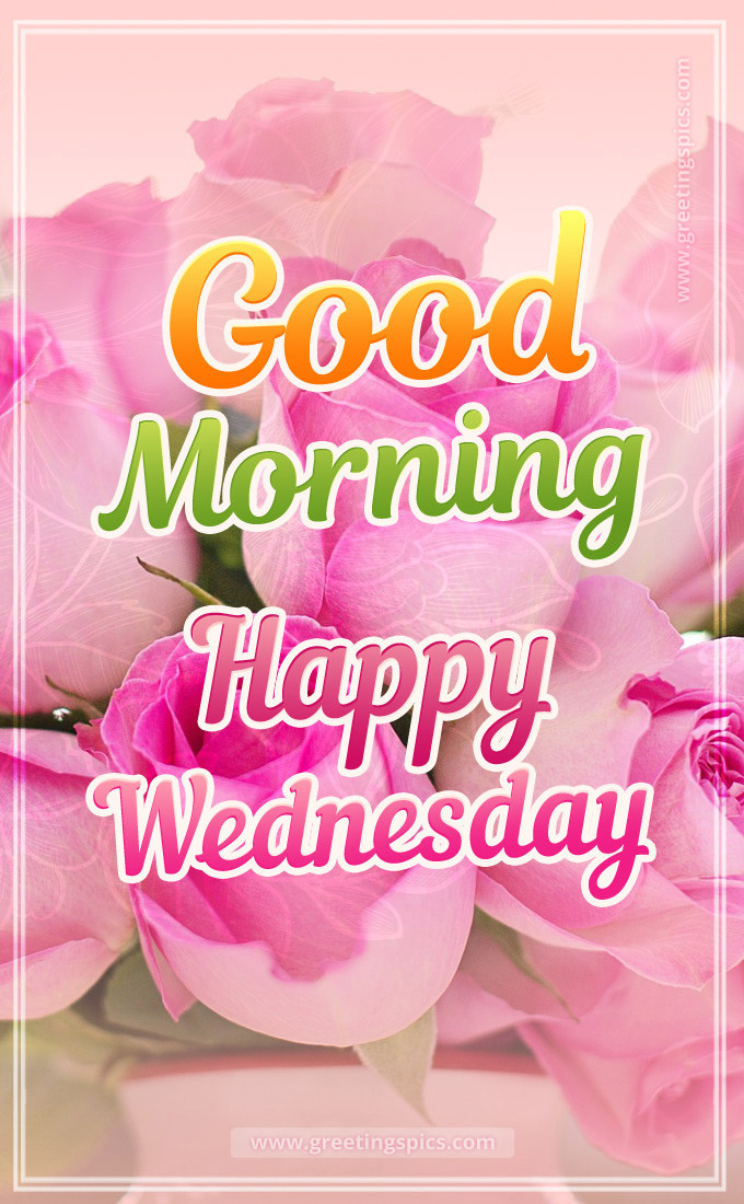 Good Morning Wednesday image with gentle pink roses (tall rectangle shape picture)