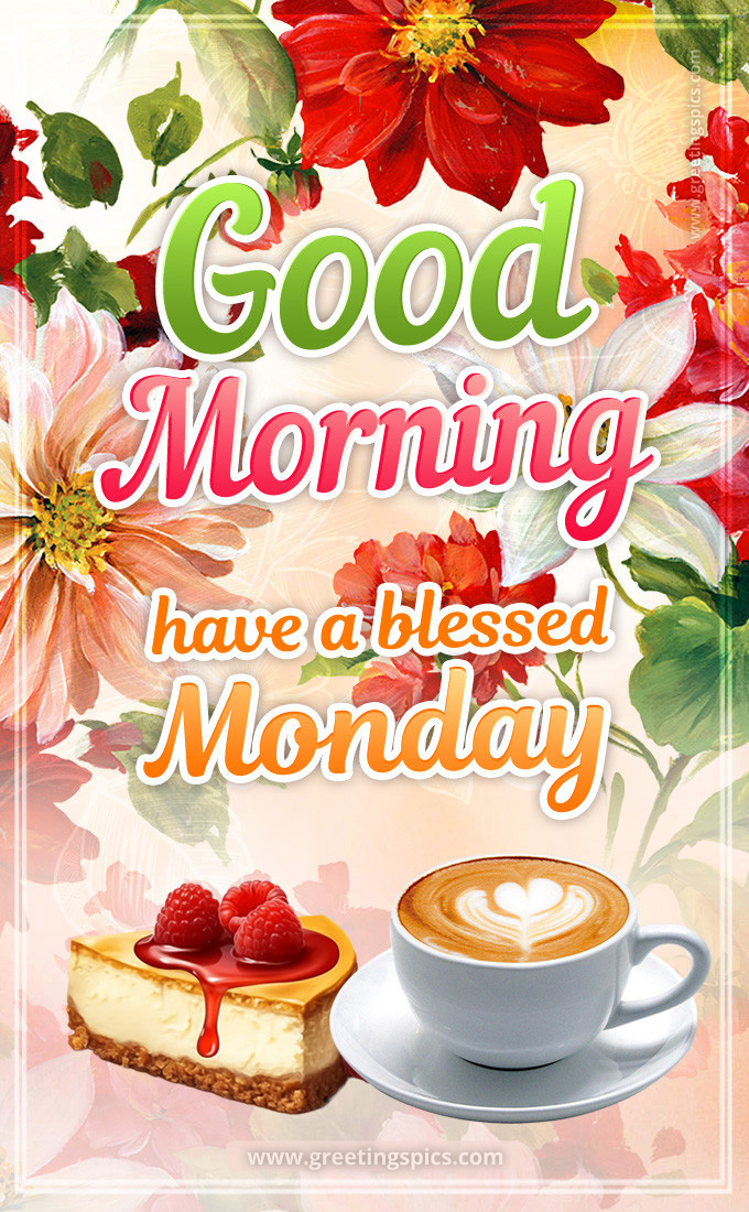 Good Morning have a Blessed Monday image with coffee, cheesecake and flowers (tall rectangle shape picture)