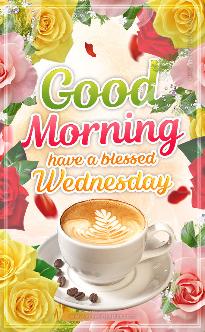 Good Morning have a Blessed Wednesday image with colorful bright roses and a cup of latte (tall rectangle shape picture)