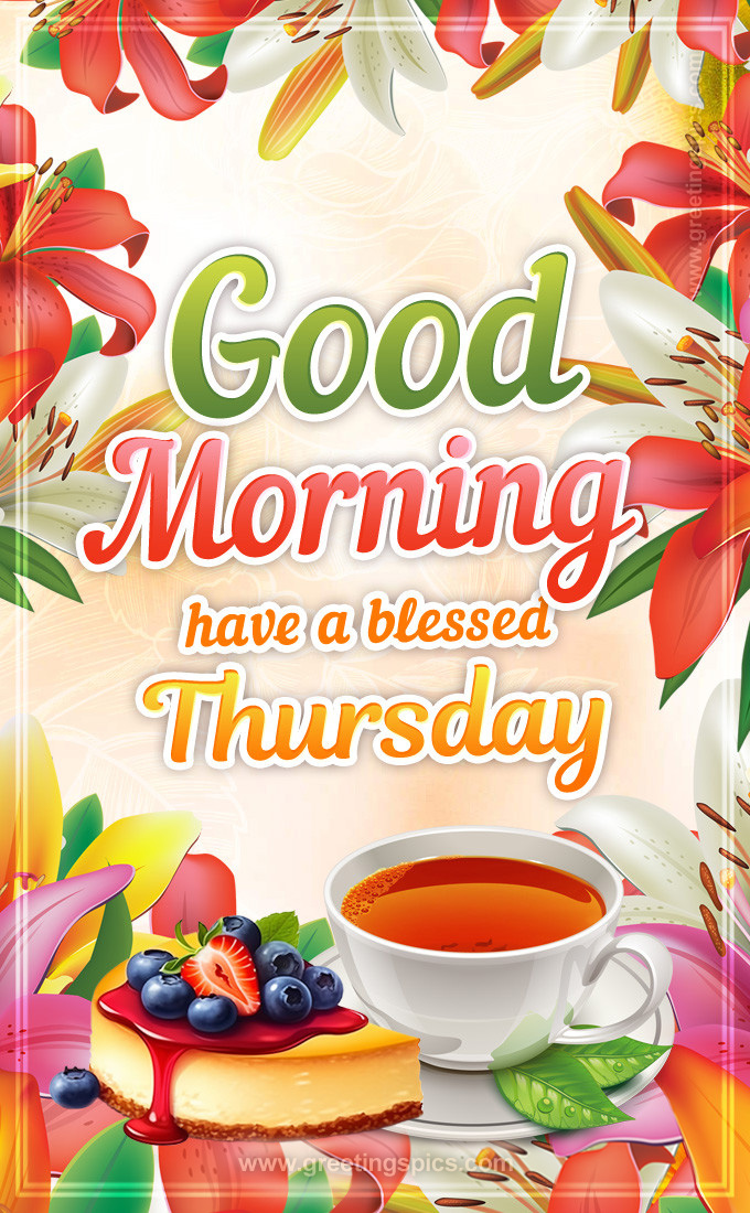 Good Morning have a Blessed Thursday Image with a cup of tea, cheesecake and colorful flowers (tall rectangle shape picture)