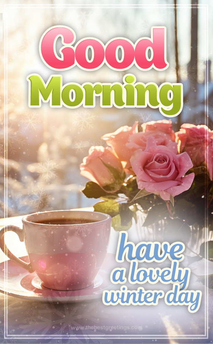 Good Morning have a Lovely Winter Day image with a hot drink and a bouquet of roses (tall rectangle shape picture)