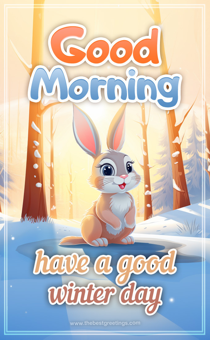 Good Morning picture with a cute bunny in the winter forest (tall rectangle shape picture)