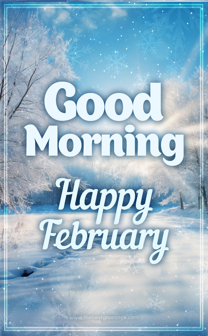 Good Morning Happy February image with beautiful winter forest (tall rectangle shape picture)