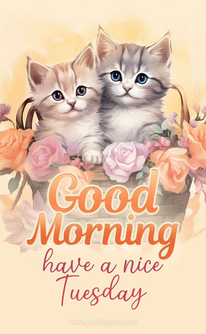 Good Morning Have a Nice Tuesday image with two cute kittens (tall rectangle shape picture)