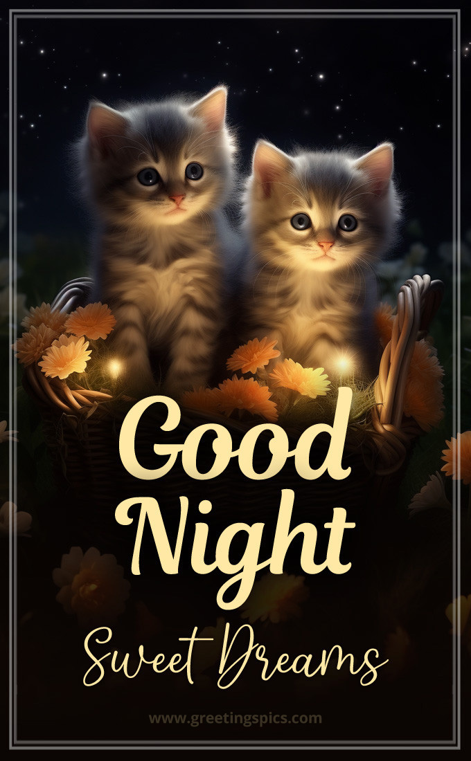 Good Night picture with cute kittens in a basket (tall rectangle shape picture)