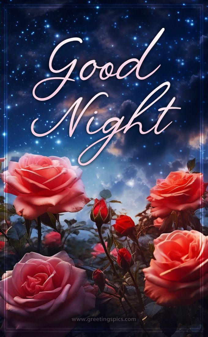 Good Night picture with roses against a starry sky (tall rectangle shape picture)