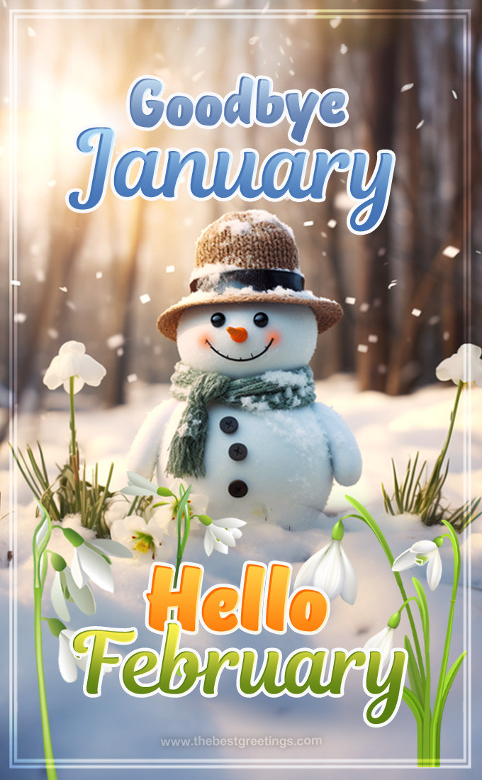 Goodbye January Hello February image with snowman and snowdrops (tall rectangle shape picture)