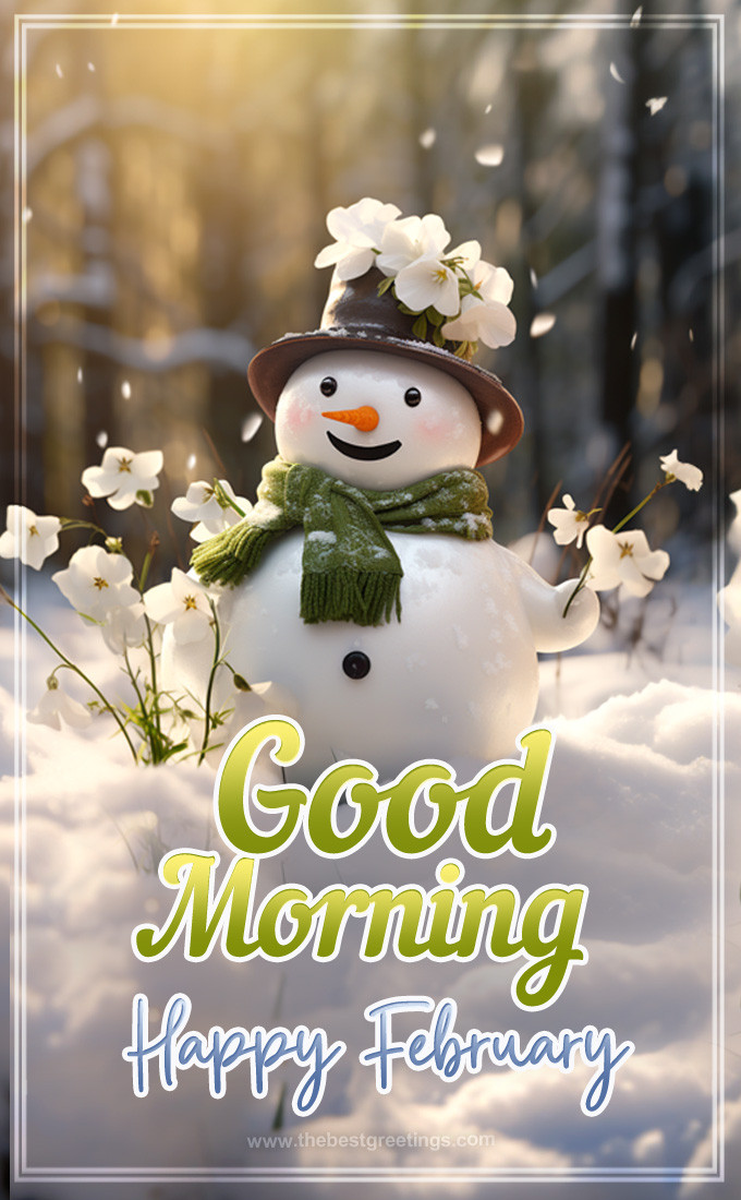 Good Morning February Day picture with a cute snowman in the winter forest (tall rectangle shape picture)