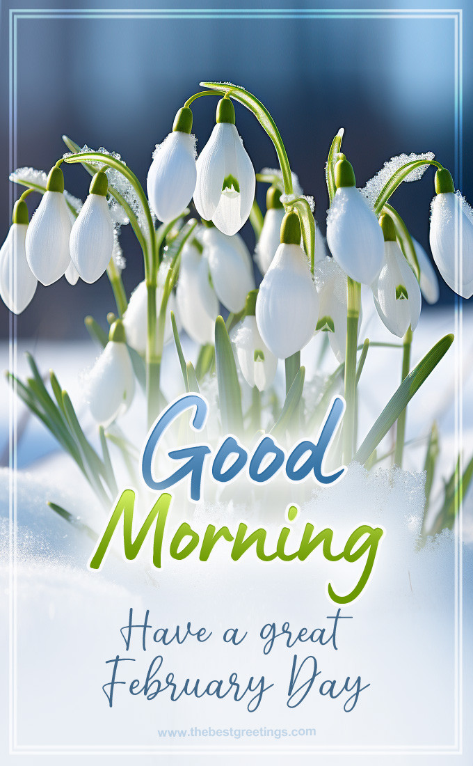 Good Morning have a nice February Day image with beautiful snowdrops (tall rectangle shape picture)