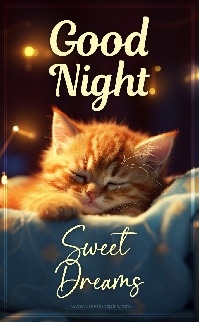 Good Night Picture with adorable sleeping kitten (tall rectangle shape picture)