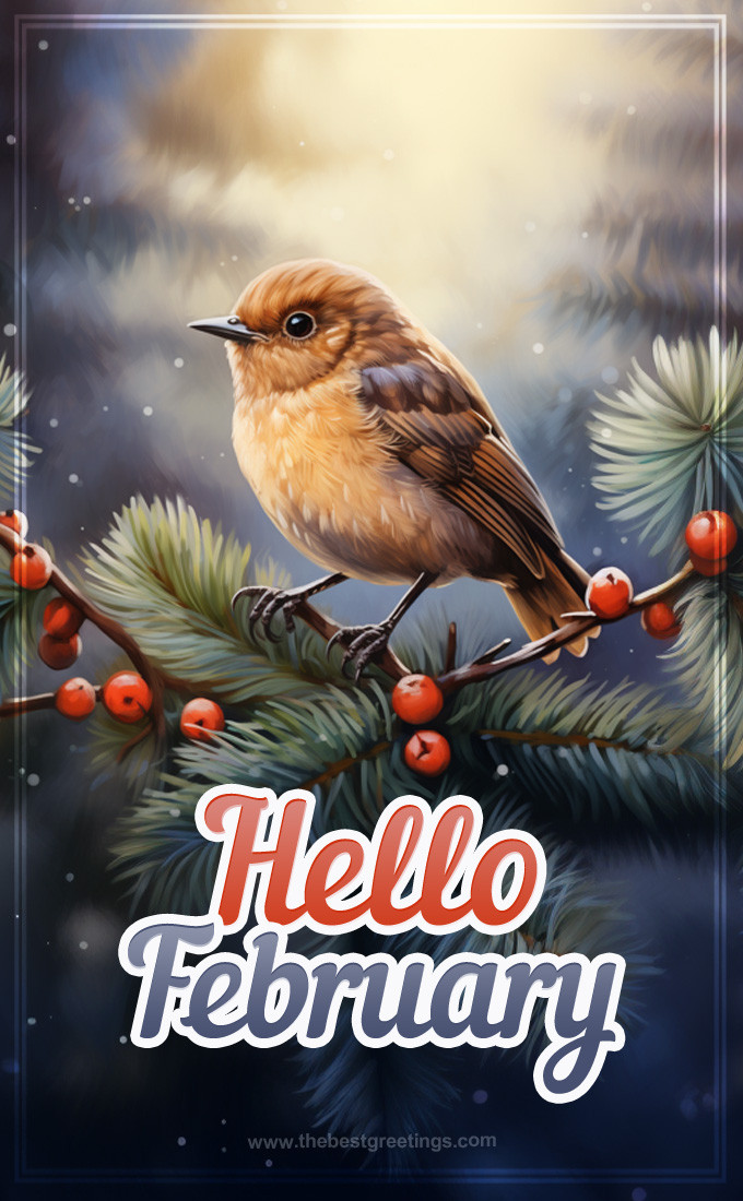 Hello February picture with a beautiful bird on a spruce branch (tall rectangle shape picture)