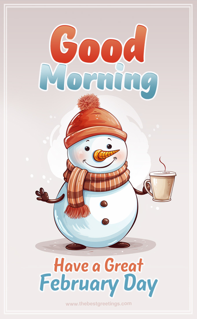 Good Morning have a Great February Day image with adorable snowman with coffee (tall rectangle shape picture)