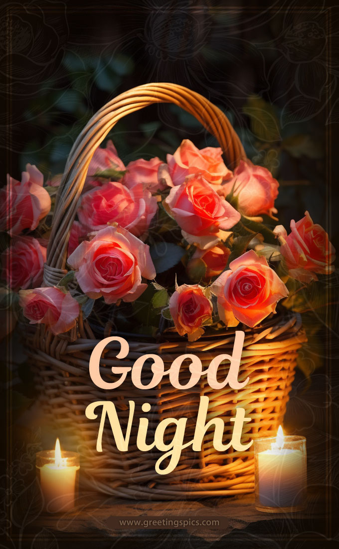 Good Night picture with a basket with a bouquet of roses and candles (tall rectangle shape picture)