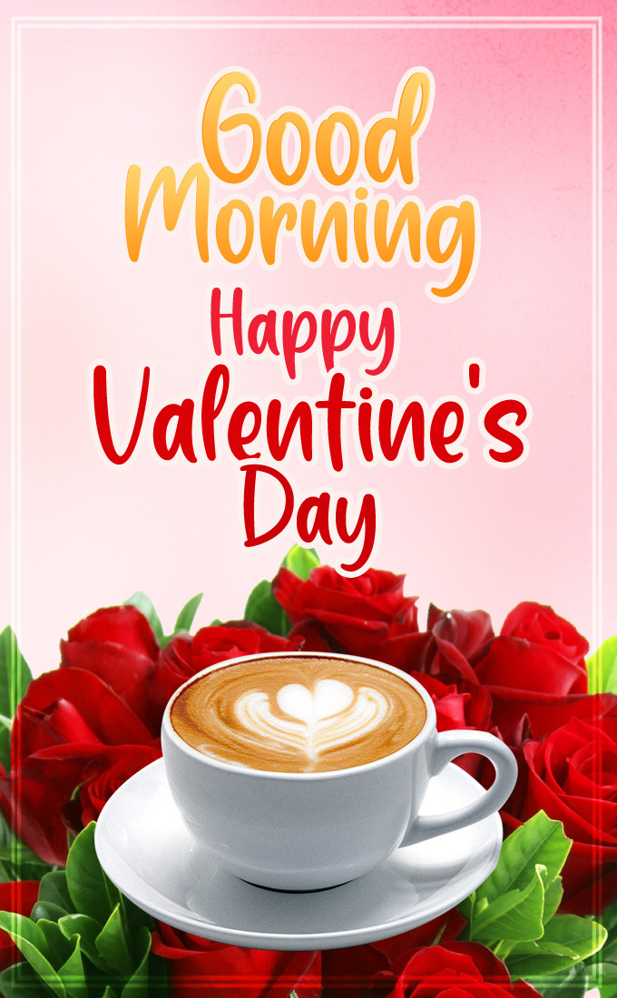 Good Morning Happy Valentine's Day beautiful picture with coffee and roses (tall rectangle shape picture)