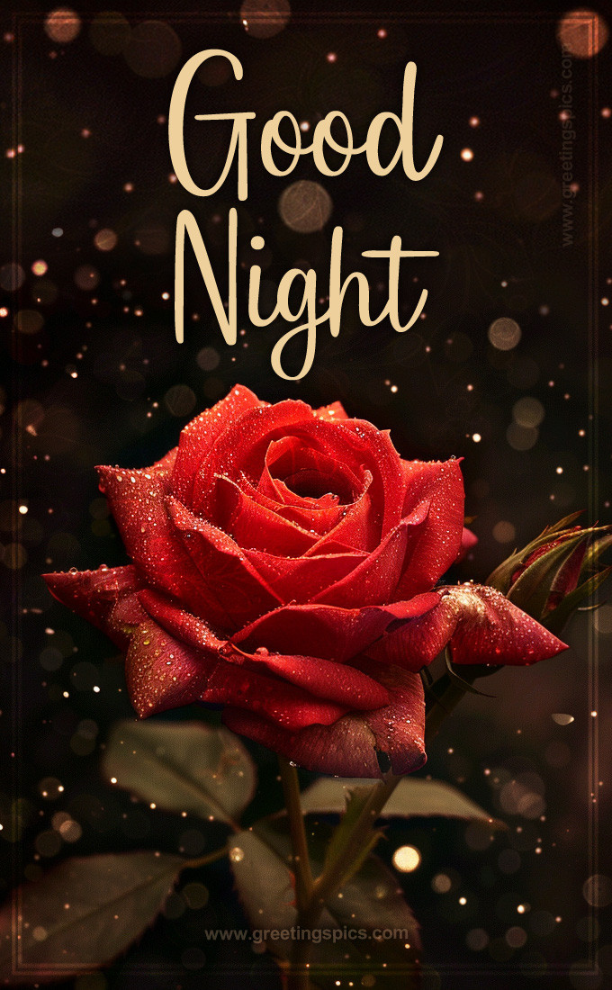 Good Night beautiful picture with rose flower on a dark bokeh background (tall rectangle shape picture)