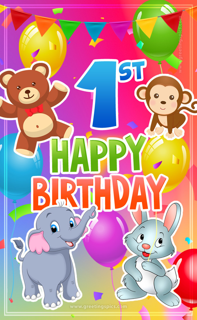 Happy 1st Birthday image for child with cute cartoon baby animals (tall rectangle shape picture)