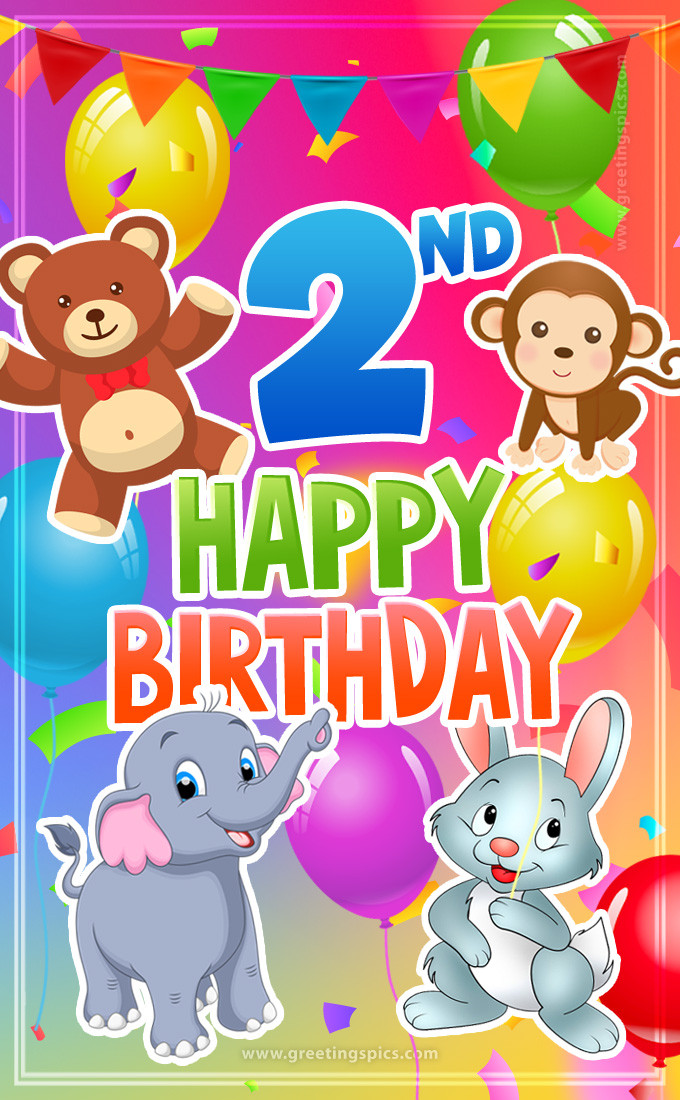 Happy 2nd Birthday image for a child with cute baby animals (tall rectangle shape picture)