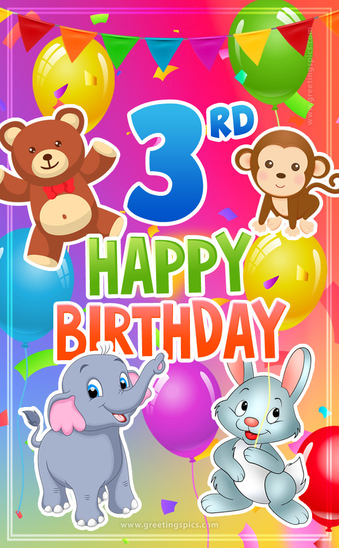 Happy 3rd Birthday picture for a child with cute cartoon baby animals (tall rectangle shape picture)