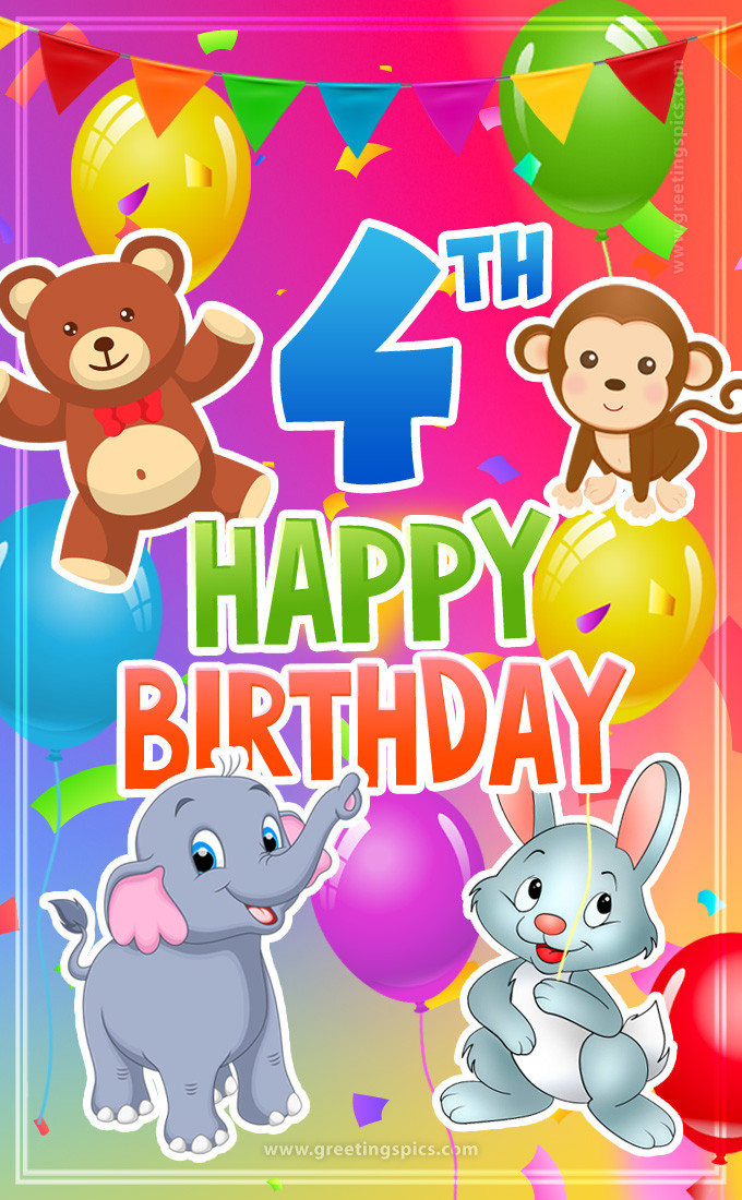 Happy 4th Birthday colorful image for a child with cute cartoon baby animals (tall rectangle shape picture)