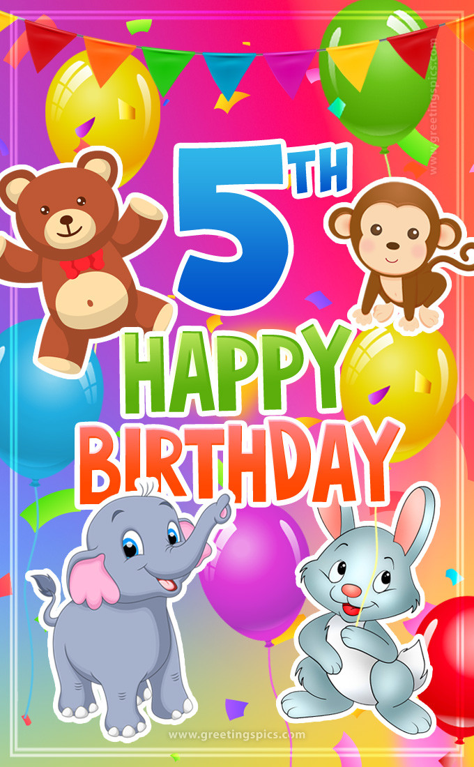 Happy 5th Birthday image for a child with cute cartoon baby animals (tall rectangle shape picture)