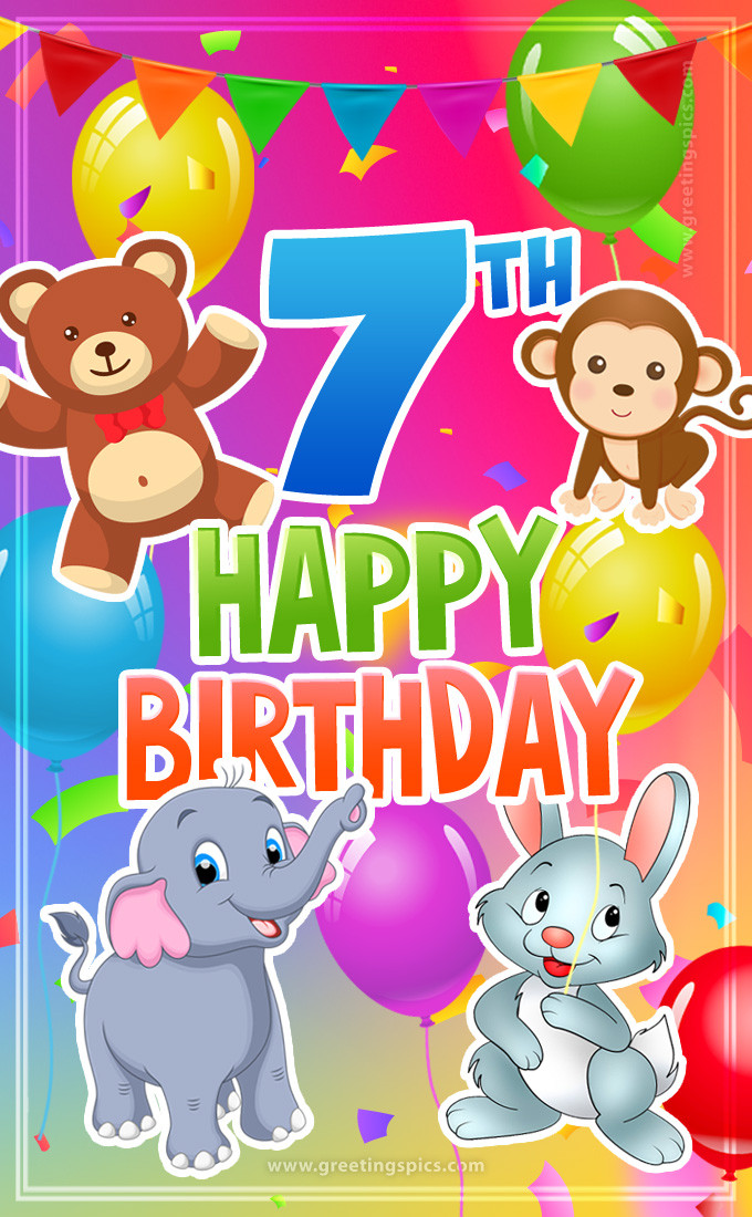 Happy 7th Birthday image for a child with cute baby animals (tall rectangle shape picture)