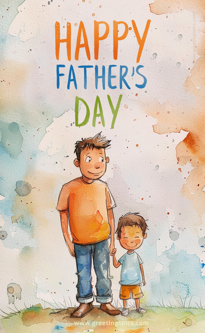 Happy Father's Day a beautiful picture of a father and son painted in watercolor (tall rectangle shape picture)