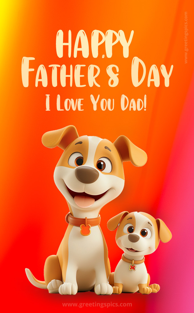 Happy Father's Day Funny Picture with cute dogs on bright orange background (tall rectangle shape picture)