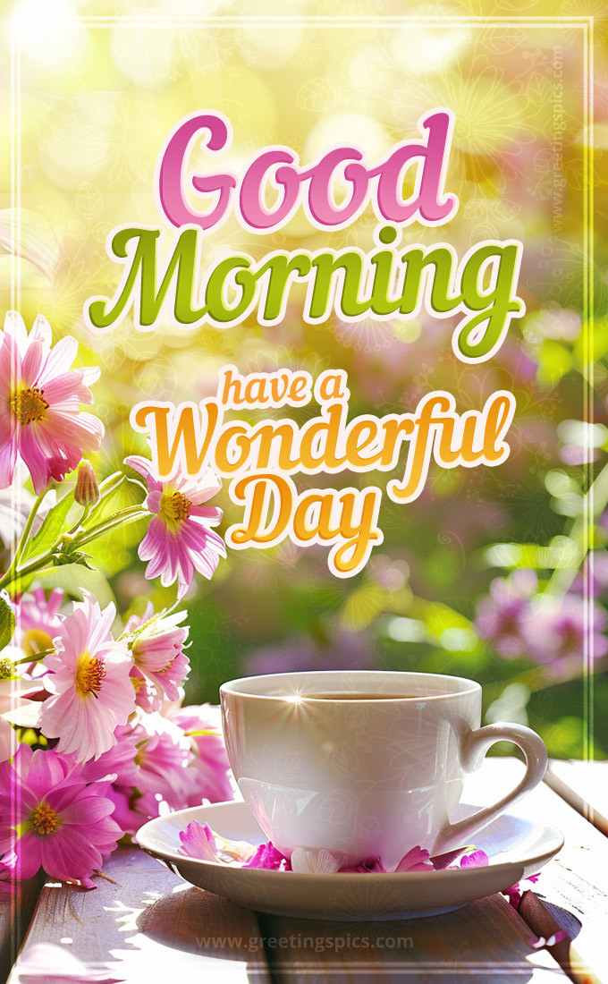 Good Morning picture of a cup of coffee and flowers, on a bright sunny day (tall rectangle shape picture)