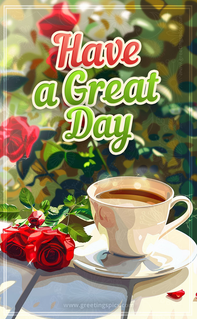 Have a Great Day beautiful image with coffee and roses watercolor drawing (tall rectangle shape picture)