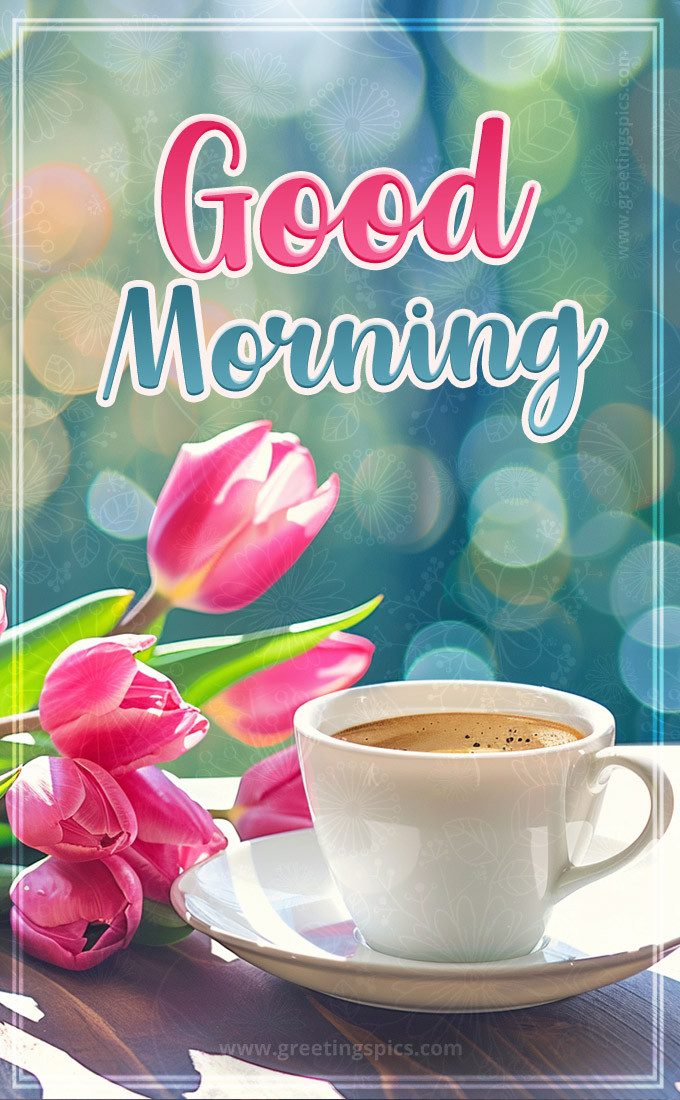 Beautiful Good Morning Image with tulips and coffee illustration (tall rectangle shape picture)