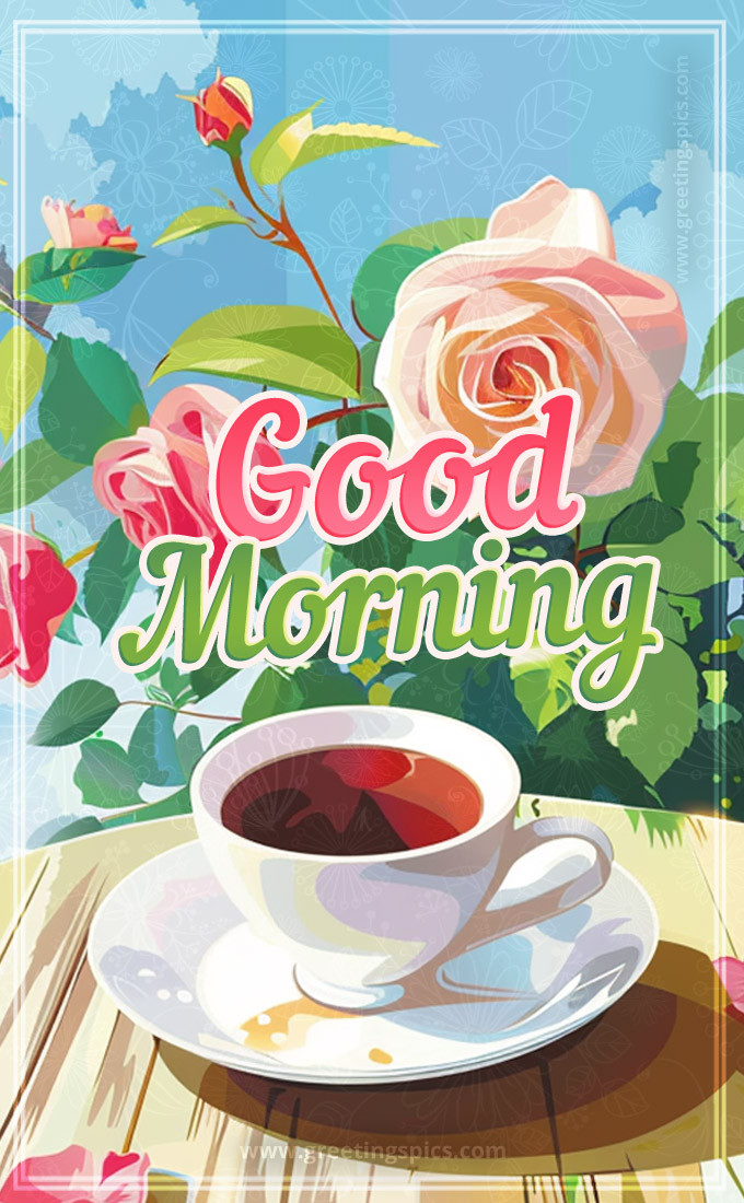 A picture of a Good Morning wish, with a drawing of a cup of tea in a garden with roses (tall rectangle shape picture)