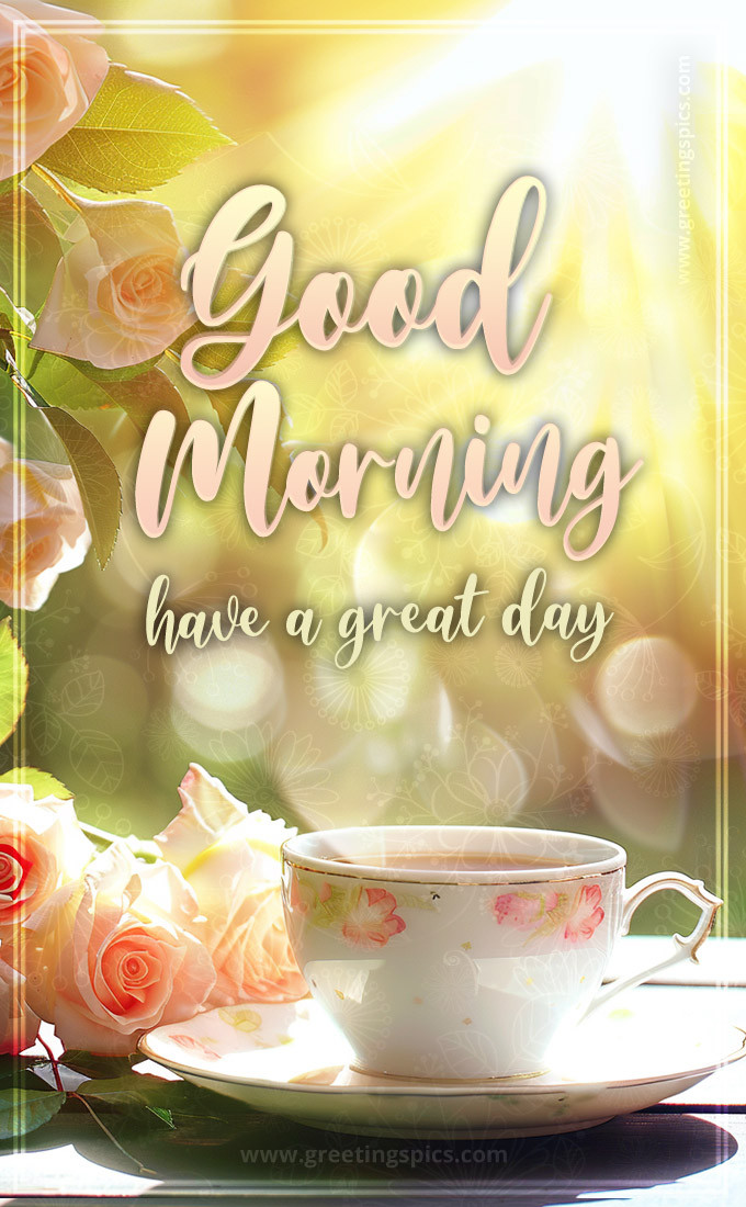 Good Morning card with roses and a cup of tea on a bright sunny day (tall rectangle shape picture)