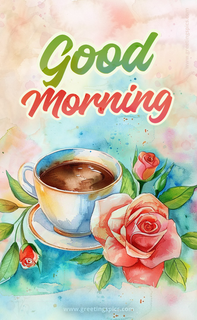 Colorful picture with watercolor roses and a cup of coffee and a Good Morning wish (tall rectangle shape picture)