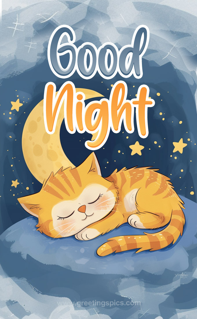 Good Night Image with cartoon sleeping kitten (tall rectangle shape picture)