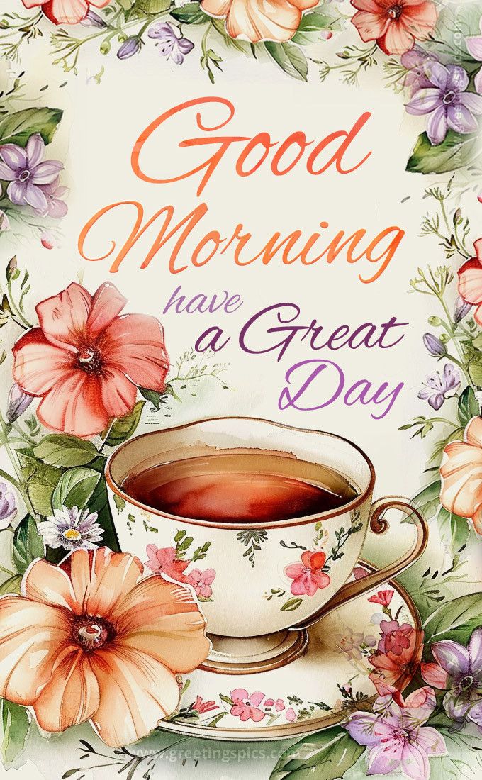 A beautiful card with watercolor flowers and a cup of coffee and a Good Morning wish (tall rectangle shape picture)