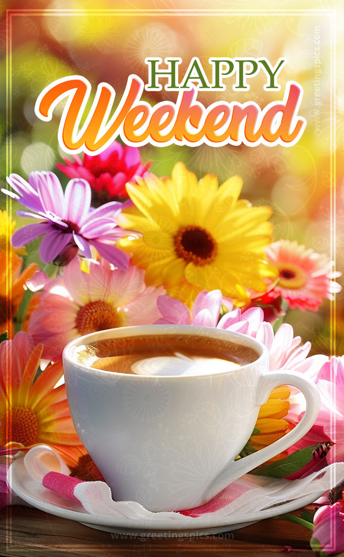 Happy Weekend image with colorful flowers and coffee (tall rectangle shape picture)