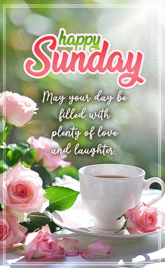 Happy Sunday Picture with roses and a cup of tea (tall rectangle shape picture)