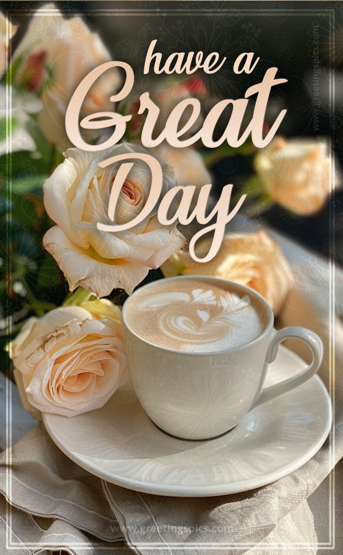 Have a Great Day Picture with beautiful cream roses and a cup of latte (tall rectangle shape picture)