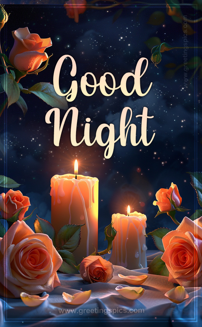 Good Night Image with candlelight and gentle pink roses (tall rectangle shape picture)