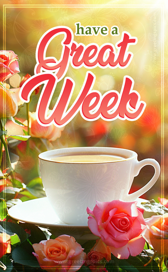 Have a Great Week Image with roses and a cup of cappuccino (tall rectangle shape picture)