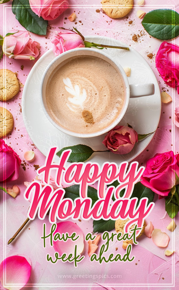 Happy Monday have a Great Week Ahead Image with coffee, cookies and roses (tall rectangle shape picture)