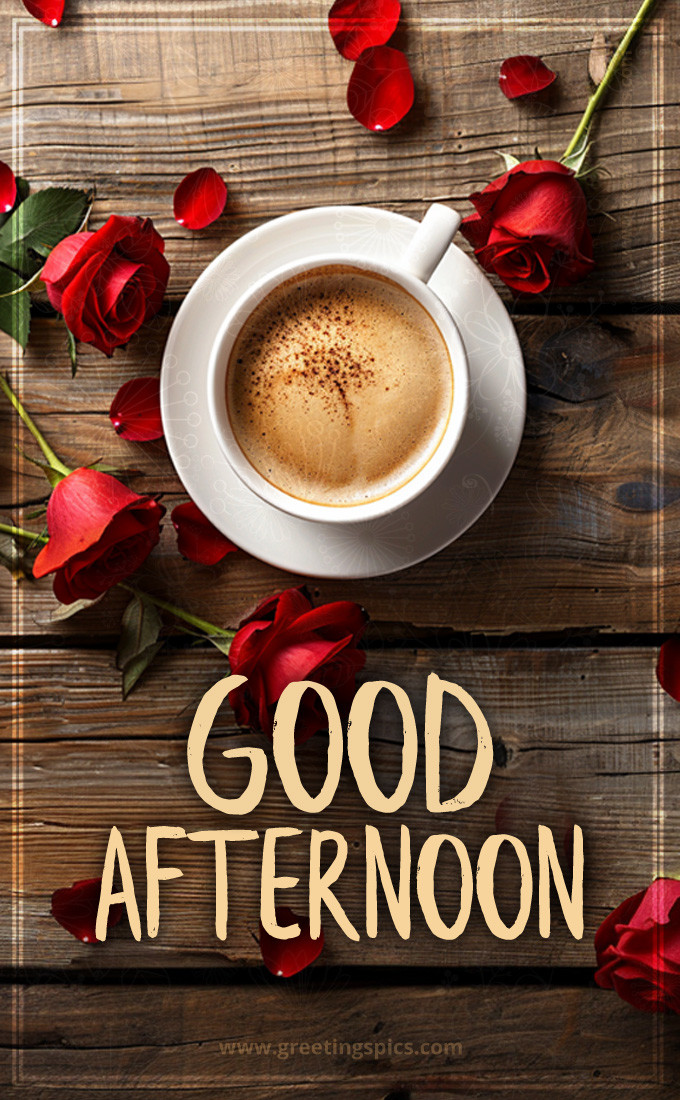 Good Afternoon Image with coffee and roses on a wooden table (tall rectangle shape picture)