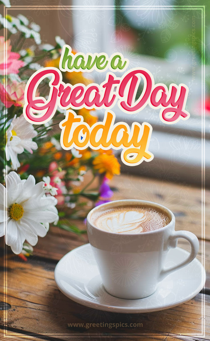 Have a Great Day Today beautiful card with flowers and a cup of cappuccino (tall rectangle shape picture)