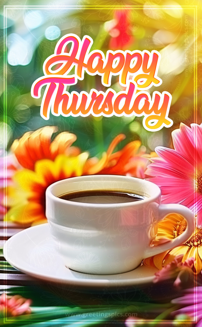 Happy thursday image with a cup of coffee and colofrul flowers (tall rectangle shape picture)