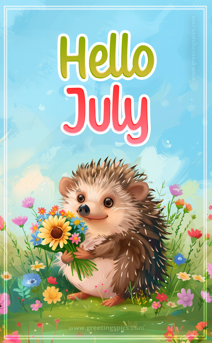 Hello July Picture of a cute hedgehog holding a bunch of flowers (tall rectangle shape picture)