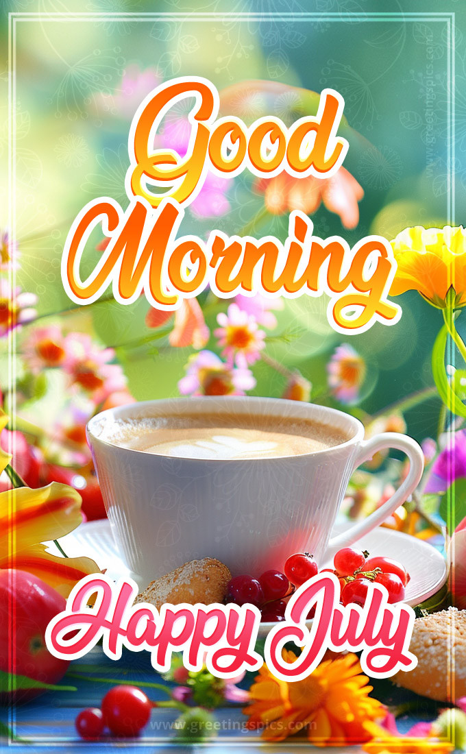 Good Morning Happy July image with a cup of coffee and colorful flowers (tall rectangle shape picture)