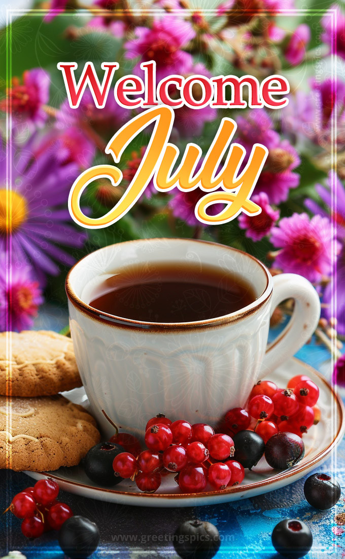 Welcome July picture with a cup of coffee and colorful flowers (tall rectangle shape picture)