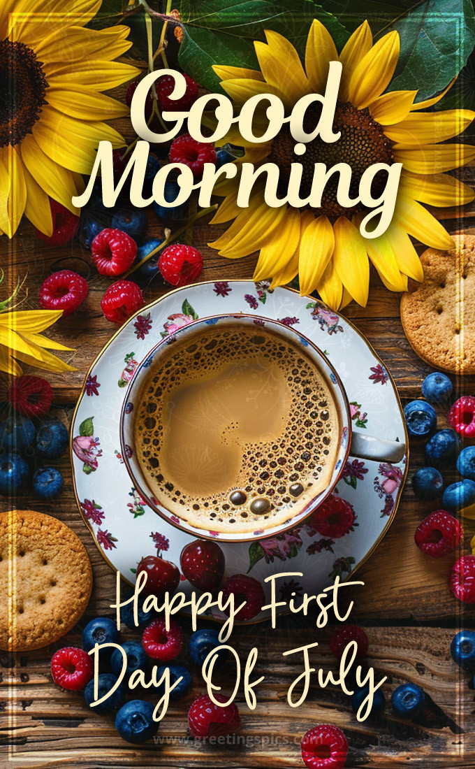 Good Morning happy first day of July picture with coffee, berries and sunflowers (tall rectangle shape picture)