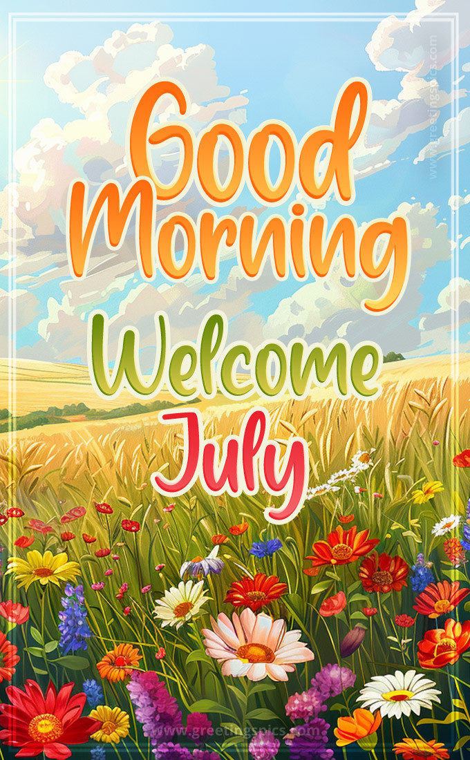 Good Morning Welcome July image with colorful wildflowers (tall rectangle shape picture)